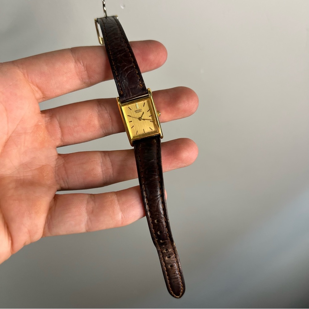 Seiko Gold-Tone Rectangular Dial Brown Leather Strap Women's Watch
